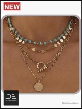Layered Turquoise Beaded Choker Necklace Set with Coin Pendant, Zinc Alloy